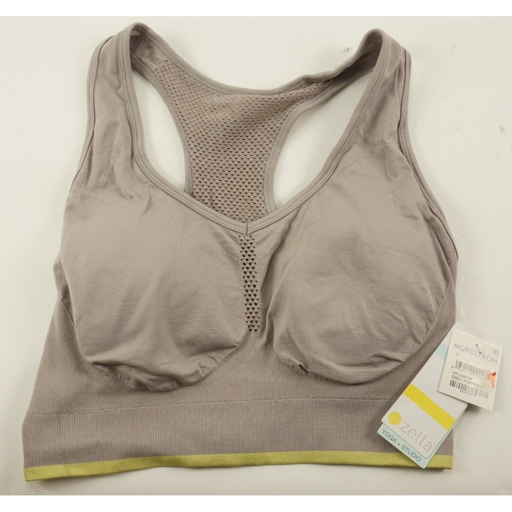 New Zella Yoga Studio Mesh Racerback Sports Bra Size Large Beige-Gray Knit